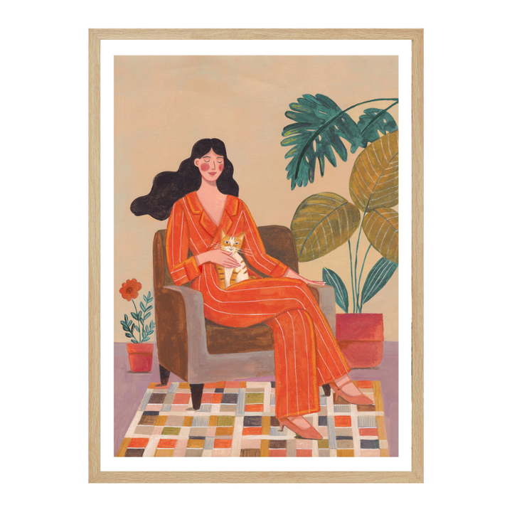 Cuadro "Woman with cat in living room"