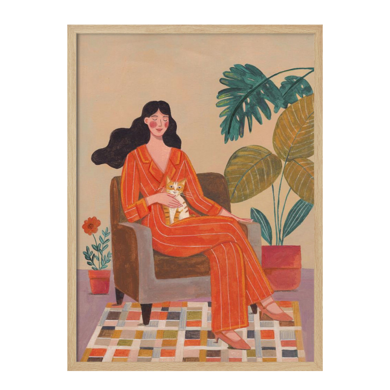 Cuadro "Woman with cat in living room"