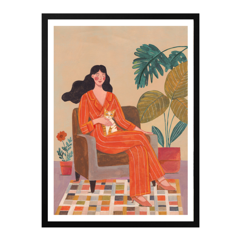 Cuadro "Woman with cat in living room"