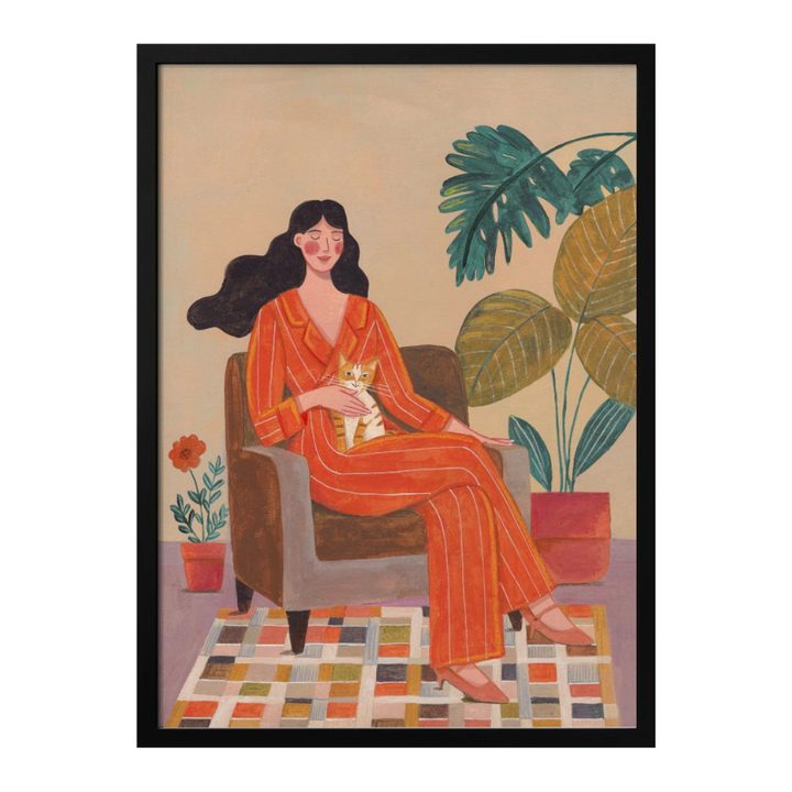 Cuadro "Woman with cat in living room"