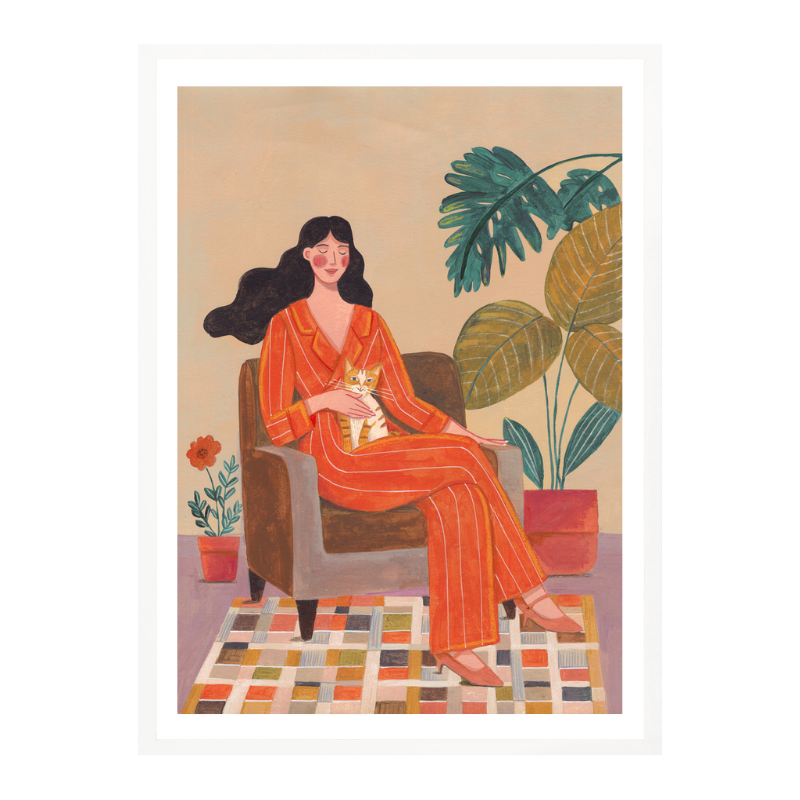 Cuadro "Woman with cat in living room"