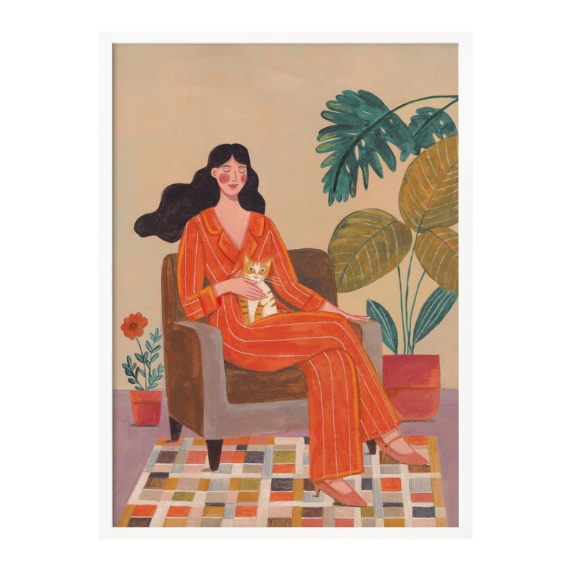 Cuadro "Woman with cat in living room"