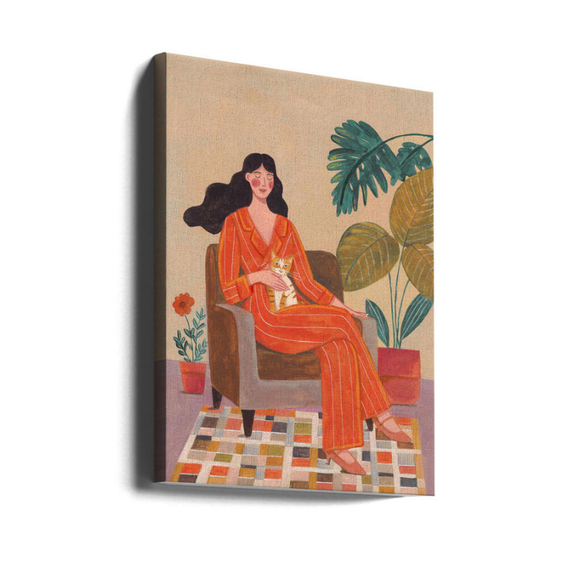 Cuadro "Woman with cat in living room"