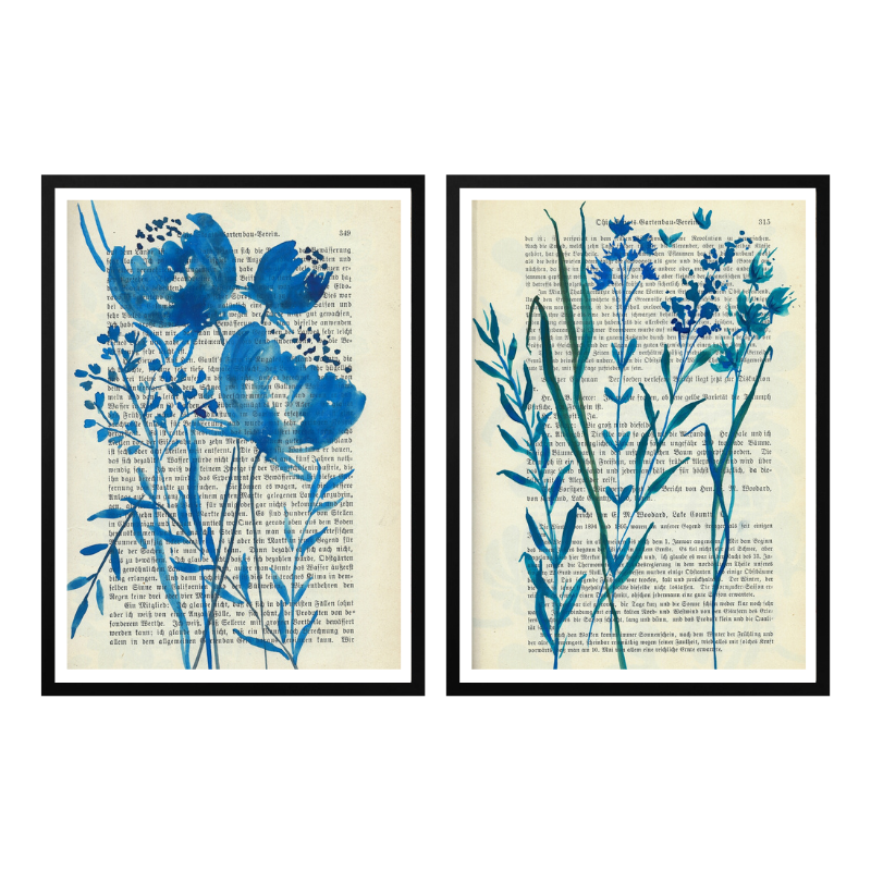 Set de cuadros "Denim blue sketch with wild flowers"