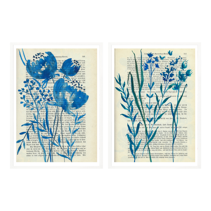 Set de cuadros "Denim blue sketch with wild flowers"