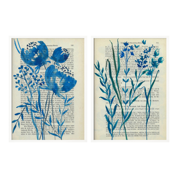 Set de cuadros "Denim blue sketch with wild flowers"