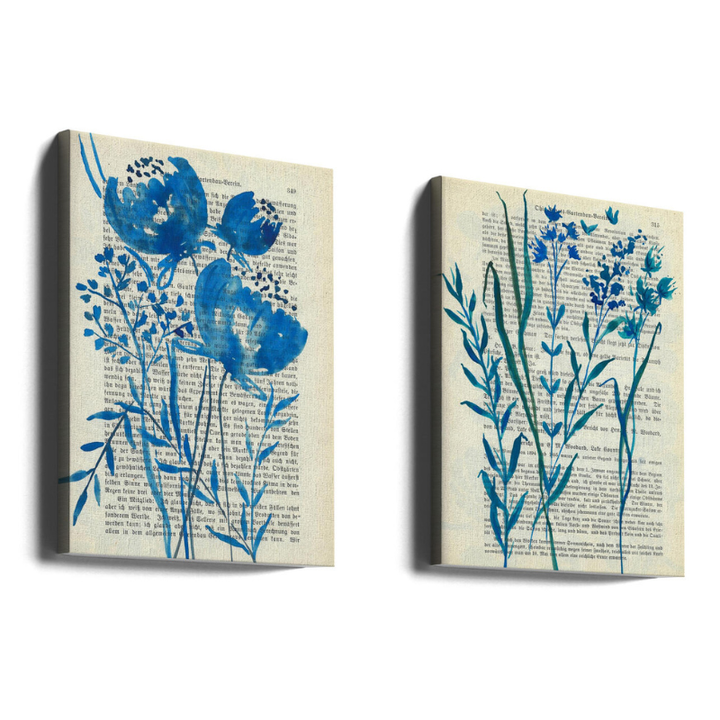 Set de cuadros "Denim blue sketch with wild flowers"