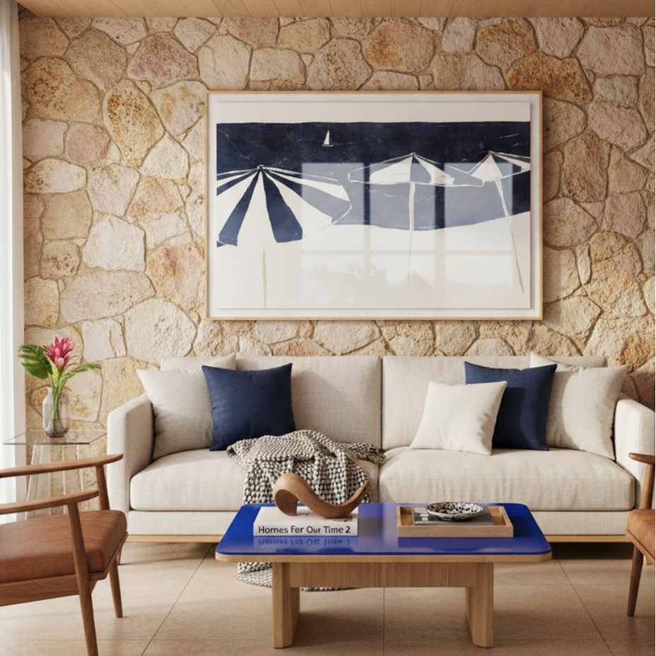 Cuadro "Blue Umbrellas and Sailboat"