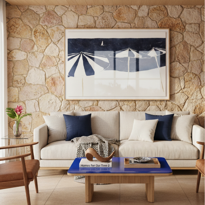Cuadro "Blue Umbrellas and Sailboat"