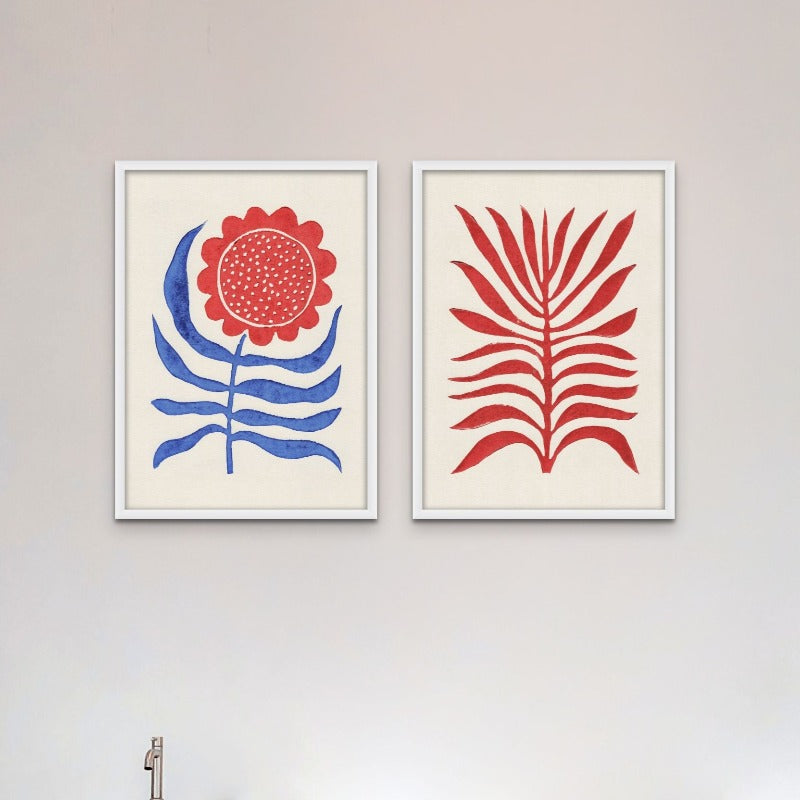 Set "Red Branch / Lino" + "Red Flower / Lino" Art Prints