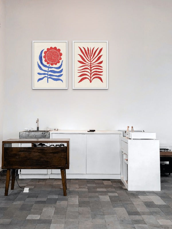 Set "Red Branch / Lino" + "Red Flower / Lino" Art Prints