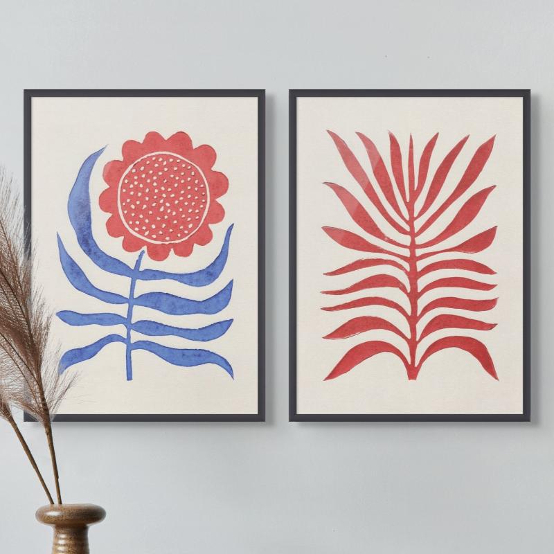 Set "Red Branch / Lino" + "Red Flower / Lino" Art Prints