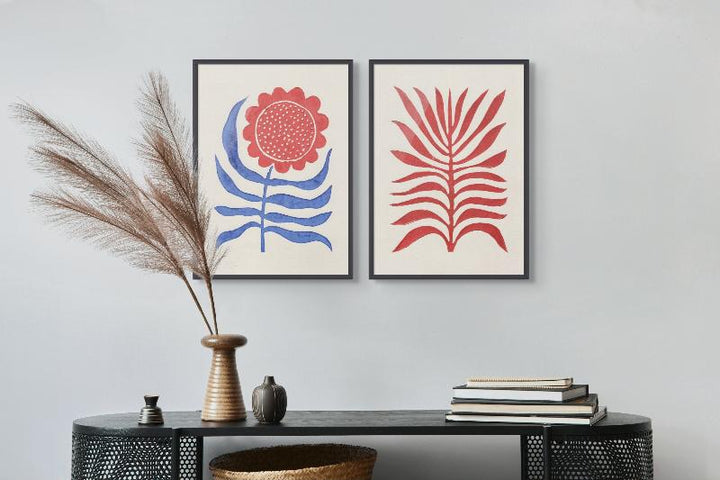 Set "Red Branch / Lino" + "Red Flower / Lino" Art Prints