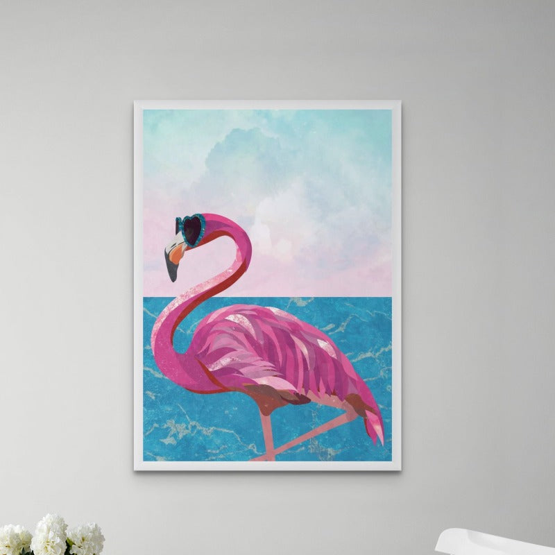 Flamingo goes to the beach Art Print