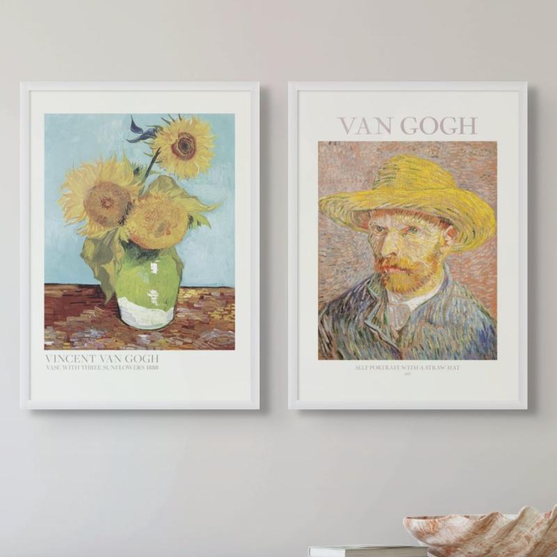 Set "Self Portrait With Straw Hat" + "Vase With Three Sunflowers" Art Prints