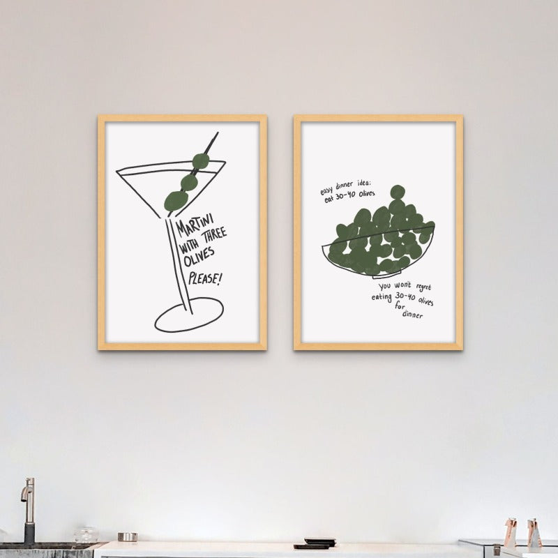 Set "Martini Three Olives" + "Olives for Dinner" Art Prints