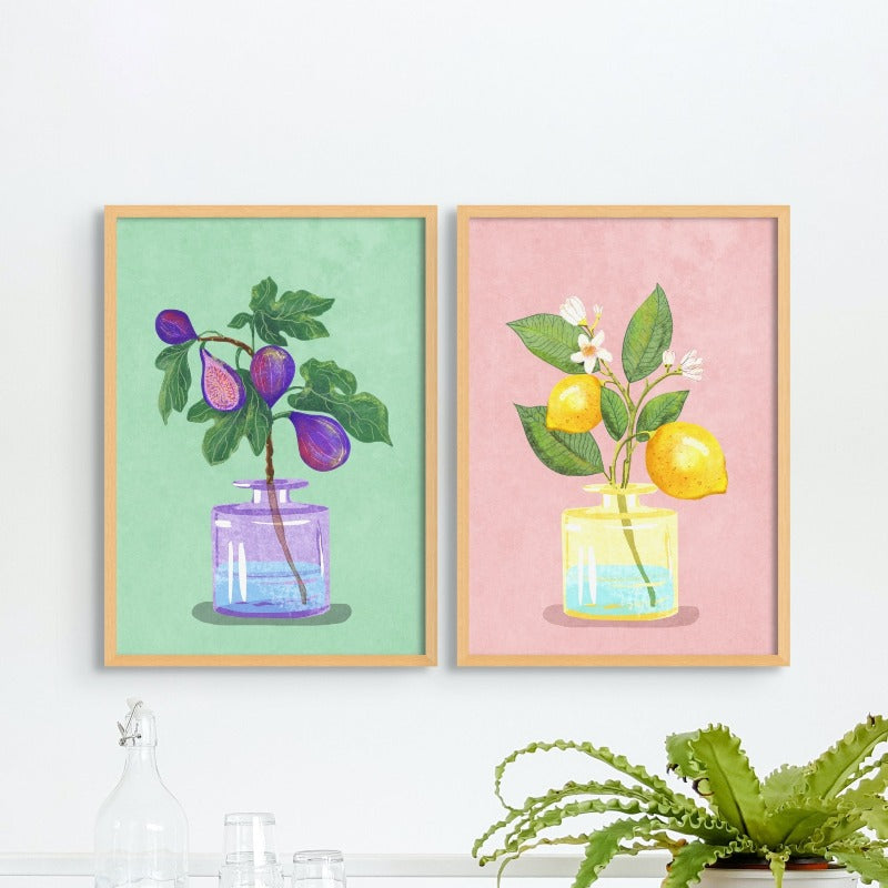 Set "Figs branch in vase" + "Lemon bunch in vase" Art Prints