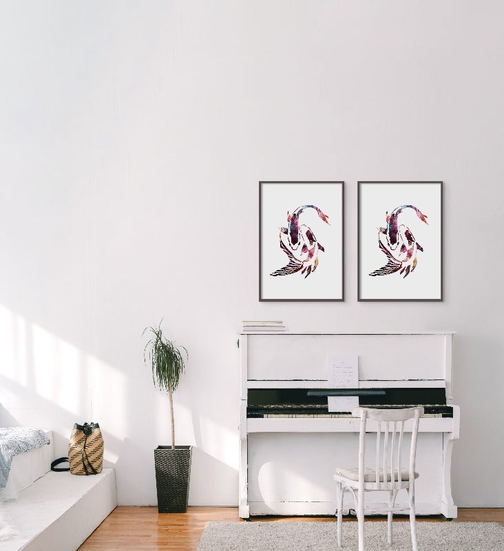 Set "Vibrant Koi Fish" + "Flamingo Silhouette" Art Prints