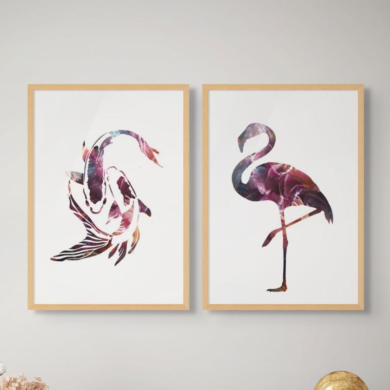 Set "Vibrant Koi Fish" + "Flamingo Silhouette" Art Prints