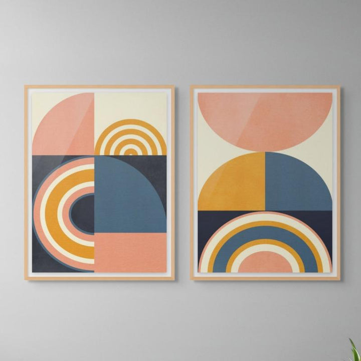 Set "Rainbow Plus Shapes Blue Mustard" Art Prints