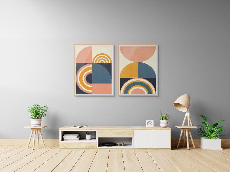 Set "Rainbow Plus Shapes Blue Mustard10" + "Rainbow Plus Shapes Blue Mustard9" Art Prints