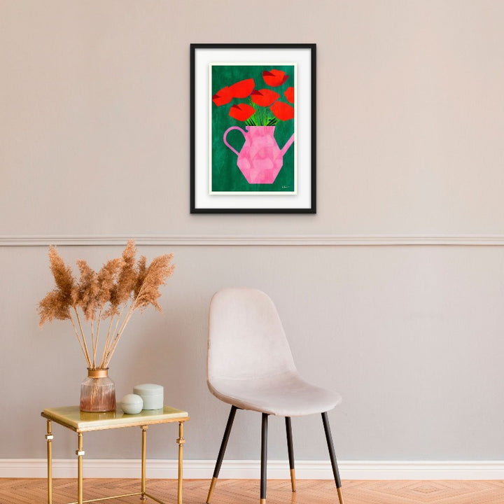 Red Poppies In a Pink Vase Art Print