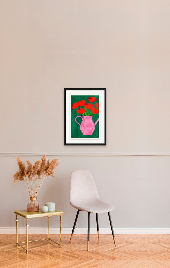 Red Poppies In a Pink Vase Art Print