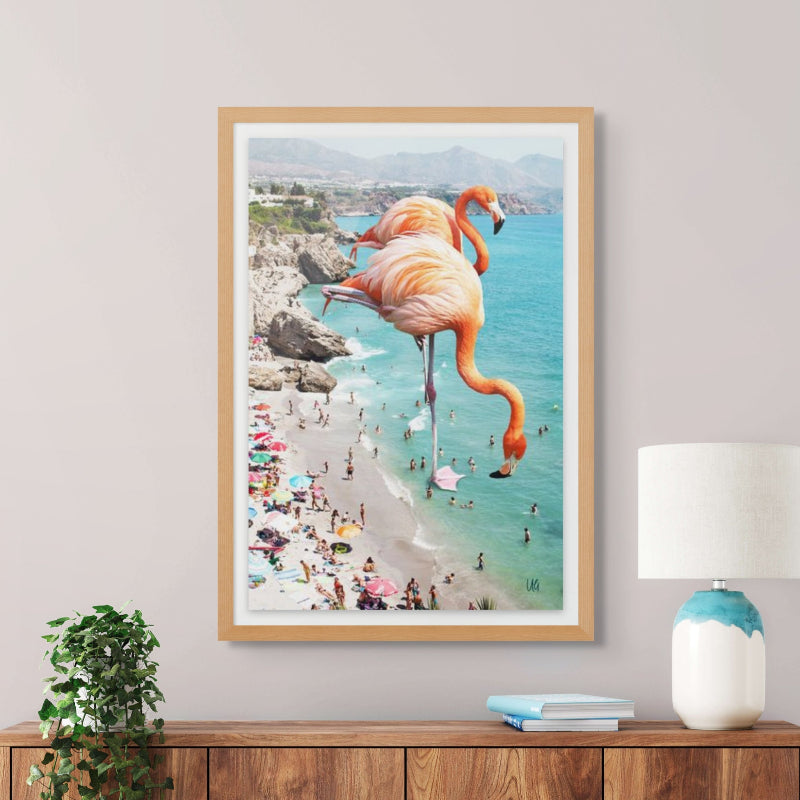 Flamingos On the Beach Art Print