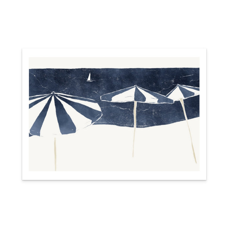 Blue Umbrellas and Sailboat Art Print