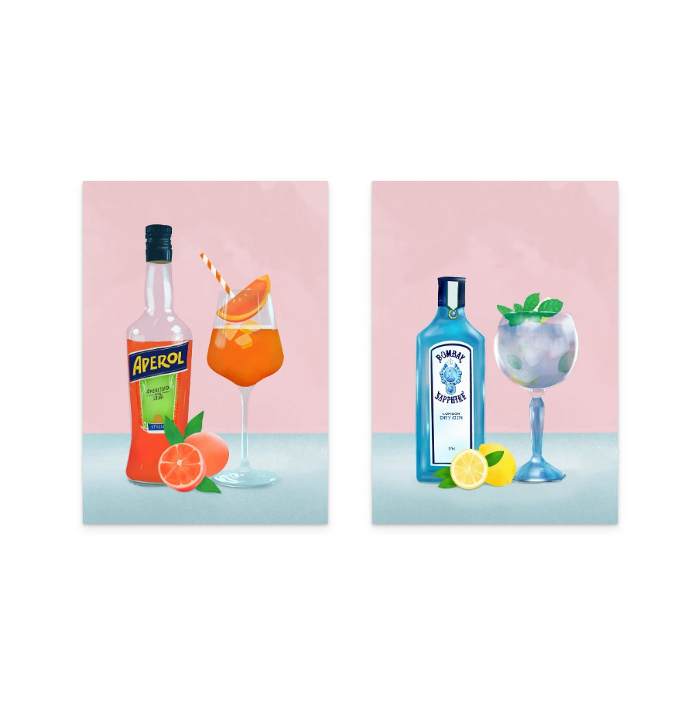 Set "Gin Cocktail" + "Aperol Spritz" Art Prints