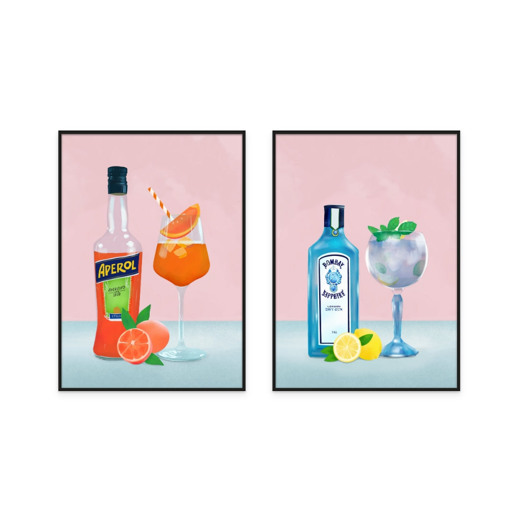 Set "Gin Cocktail" + "Aperol Spritz" Art Prints