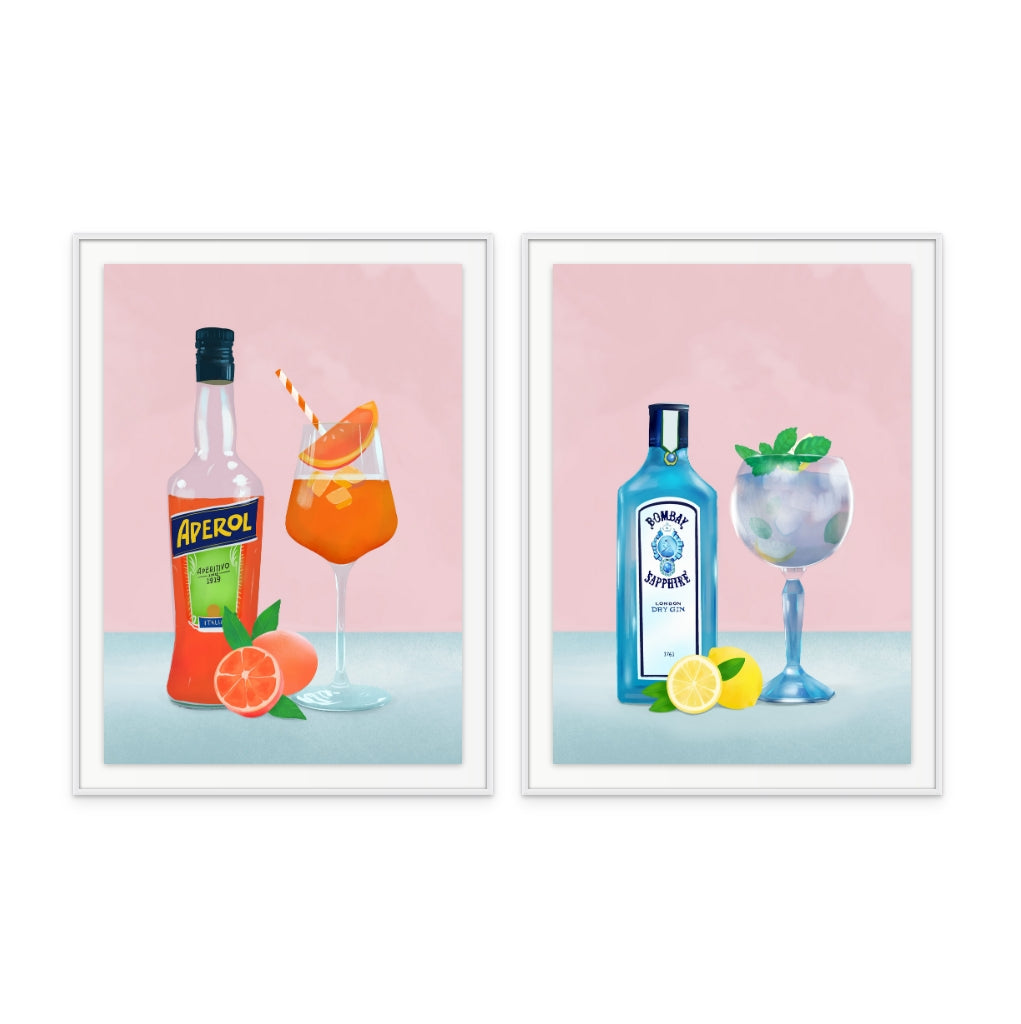 Set "Gin Cocktail" + "Aperol Spritz" Art Prints