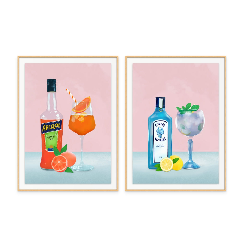 Set "Gin Cocktail" + "Aperol Spritz" Art Prints