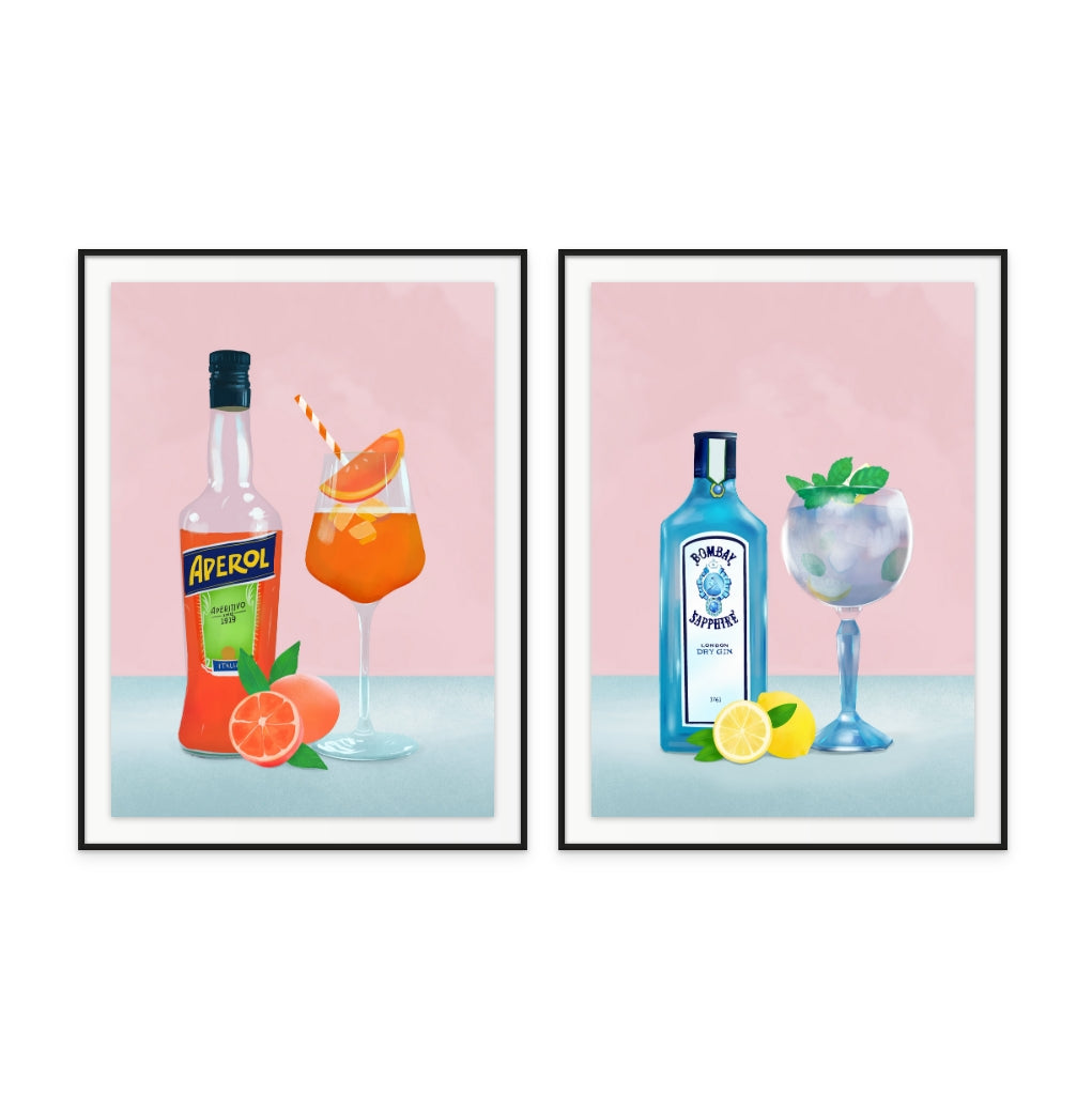 Set "Gin Cocktail" + "Aperol Spritz" Art Prints