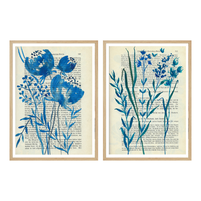Set de cuadros "Denim blue sketch with wild flowers"