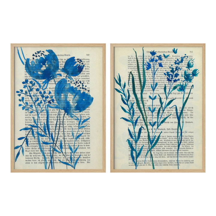 Set de cuadros "Denim blue sketch with wild flowers"
