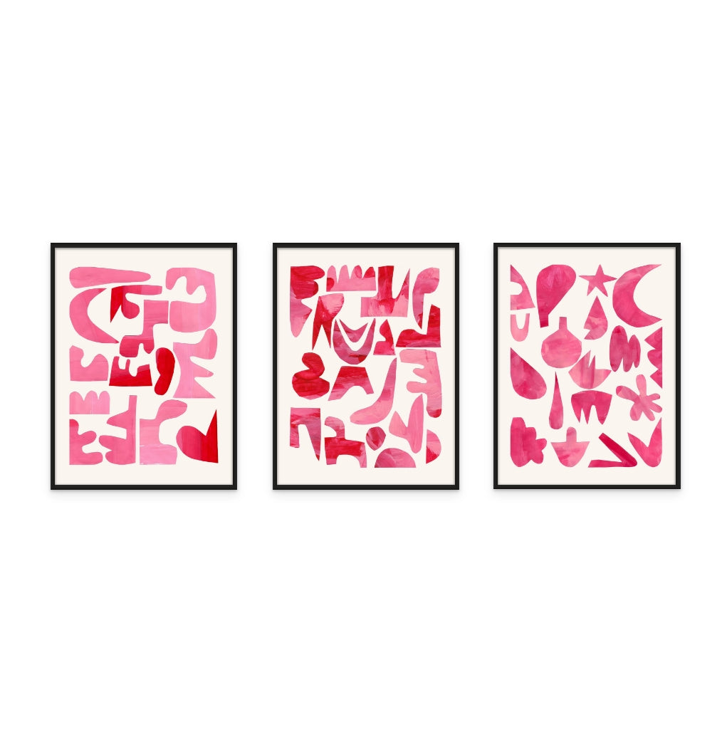 Set "A Pink Puzzle" + "Retro Party" + "Pink Kiss Pieces" Art Prints