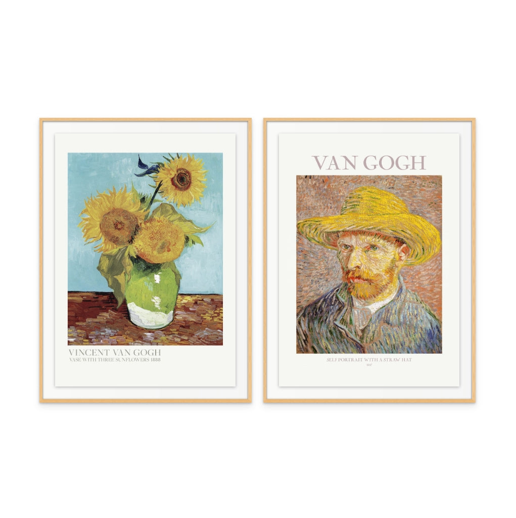 Set "Self Portrait With Straw Hat" + "Vase With Three Sunflowers" Art Prints