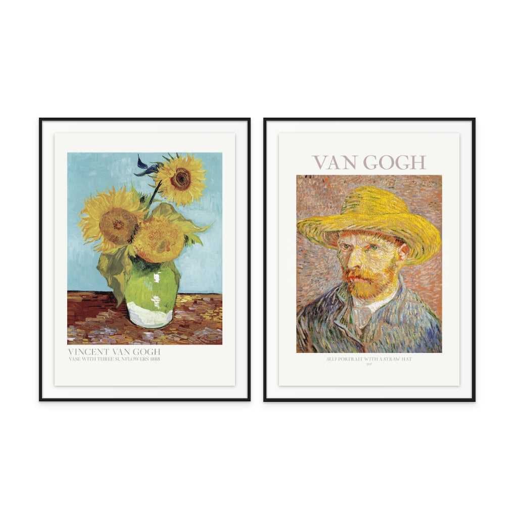 Set "Self Portrait With Straw Hat" + "Vase With Three Sunflowers" Art Prints