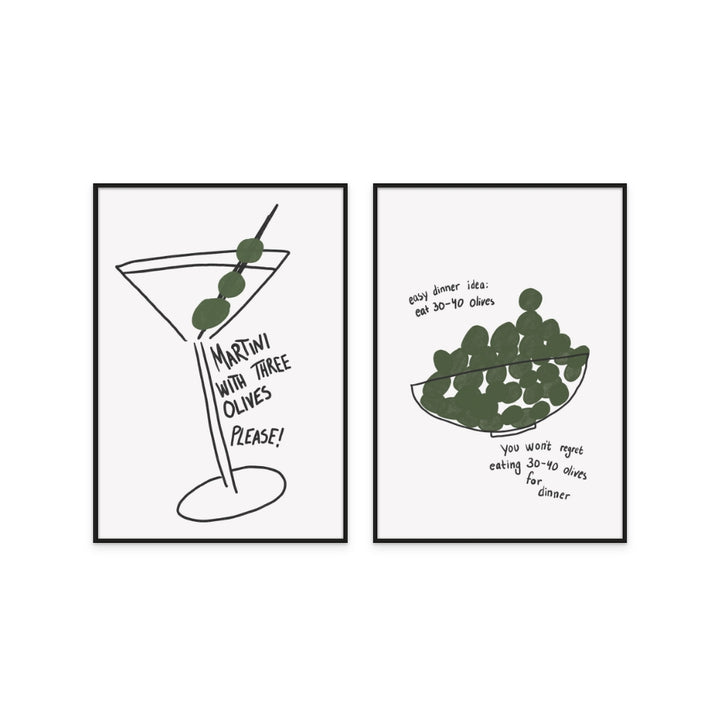 Set "Martini Three Olives" + "Olives for Dinner" Art Prints