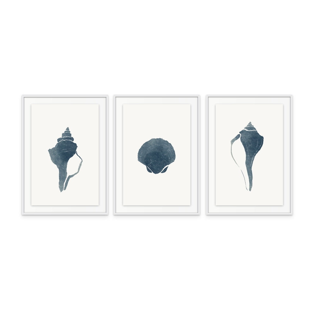 Set of "Blue Seashell I" + "Blue Seashell II" + "Blue Seashell III" Art Prints