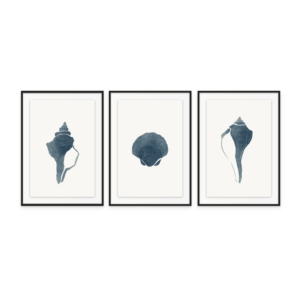 Set of "Blue Seashell I" + "Blue Seashell II" + "Blue Seashell III" Art Prints