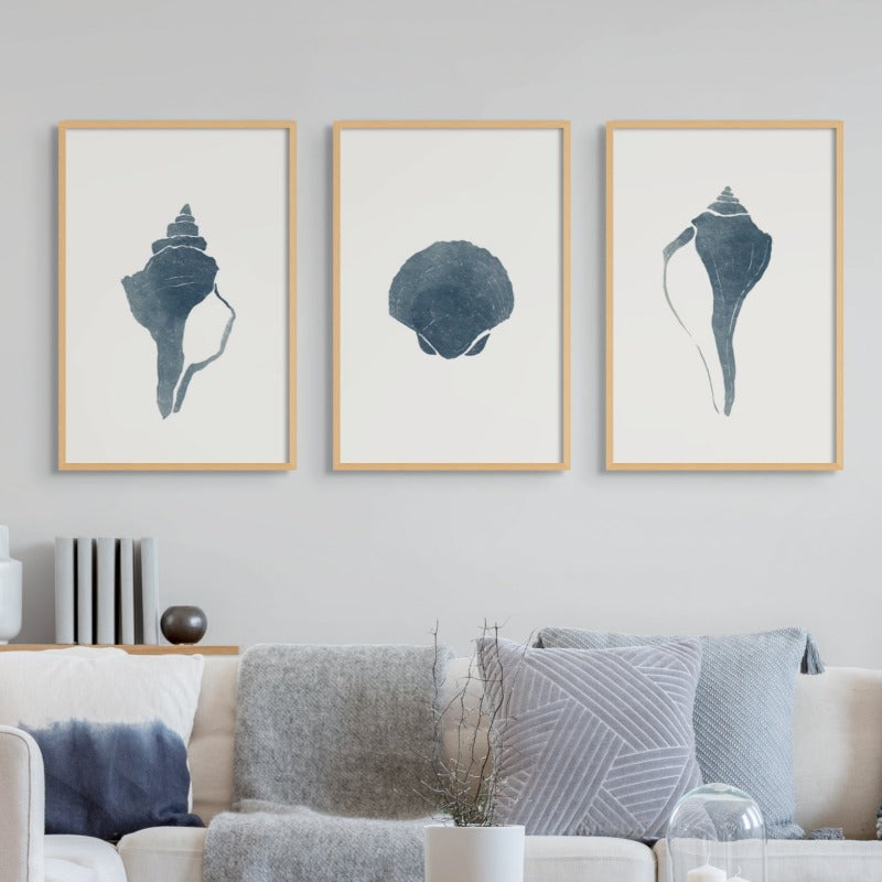 Set de "Blue Seashell I" + "Blue Seashell II" + "Blue Seashell III" Art Prints