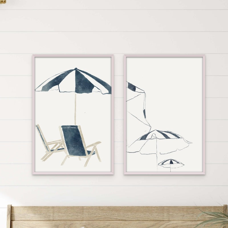 Blue Umbrellas and Chairs Art Print