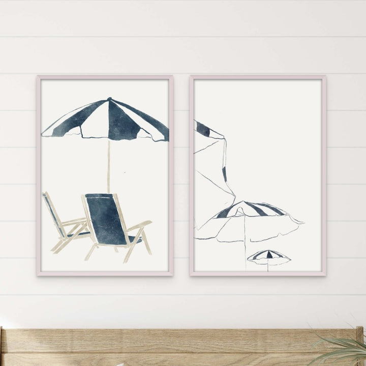 Set "Blue Umbrellas and Chairs" Art Prints