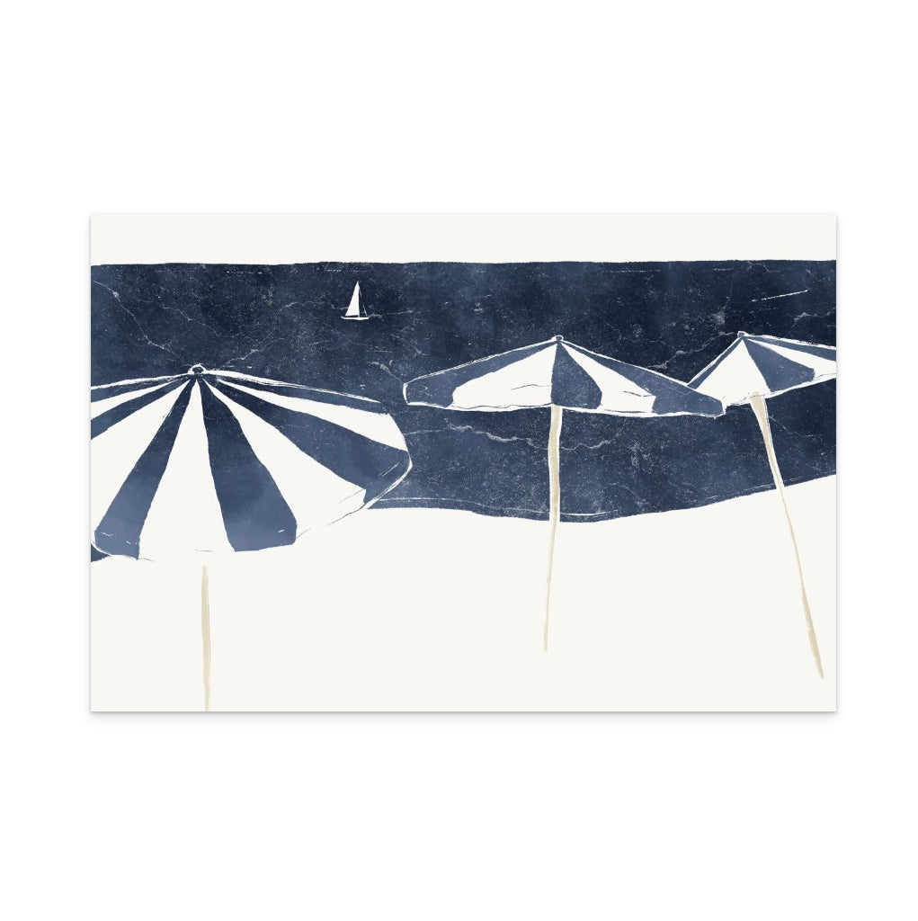 Blue Umbrellas and Sailboat Art Print