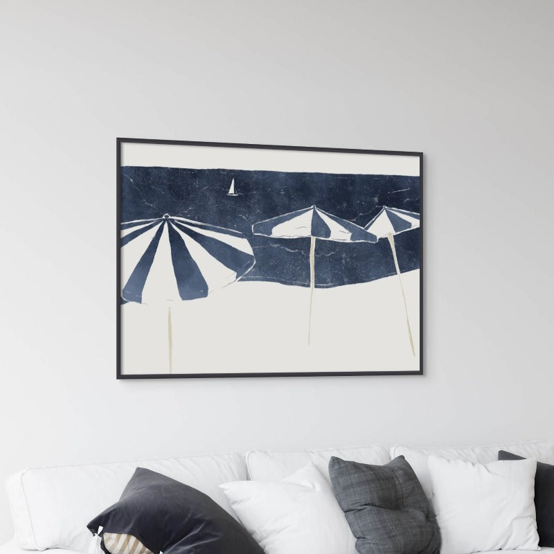 Blue Umbrellas and Sailboat Art Print