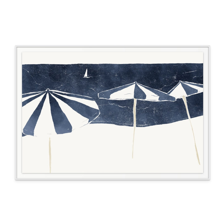 Blue Umbrellas and Sailboat Art Print