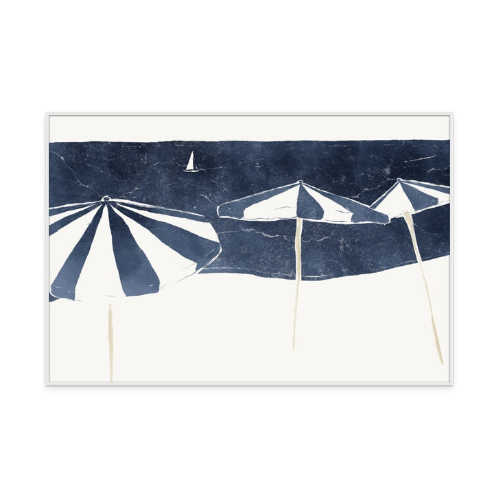 Blue Umbrellas and Sailboat Art Print