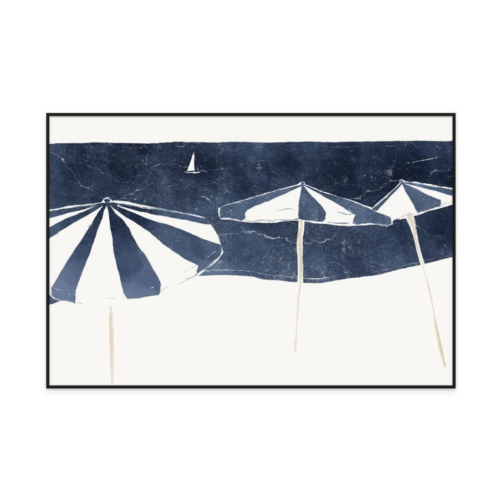 Blue Umbrellas and Sailboat Art Print